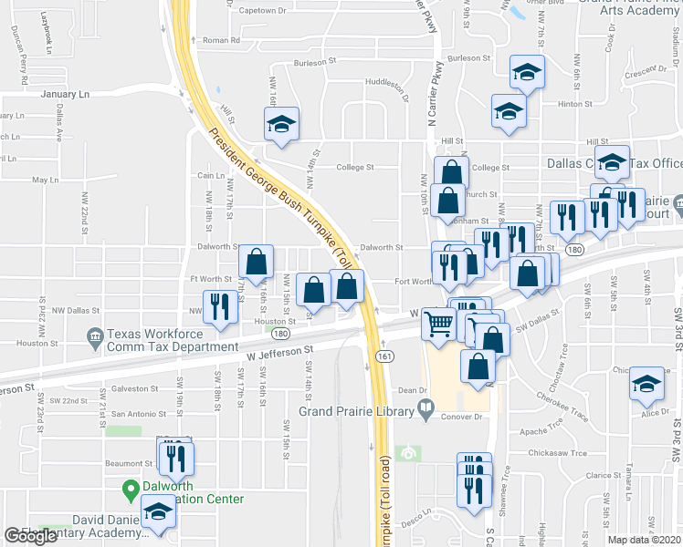 map of restaurants, bars, coffee shops, grocery stores, and more near 306 Northwest 13th Street in Grand Prairie