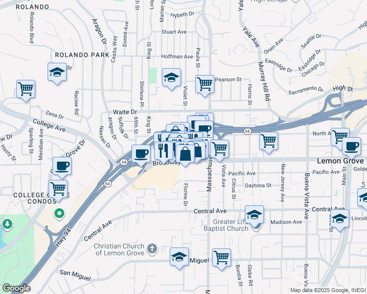 map of restaurants, bars, coffee shops, grocery stores, and more near 7090 Broadway in Lemon Grove