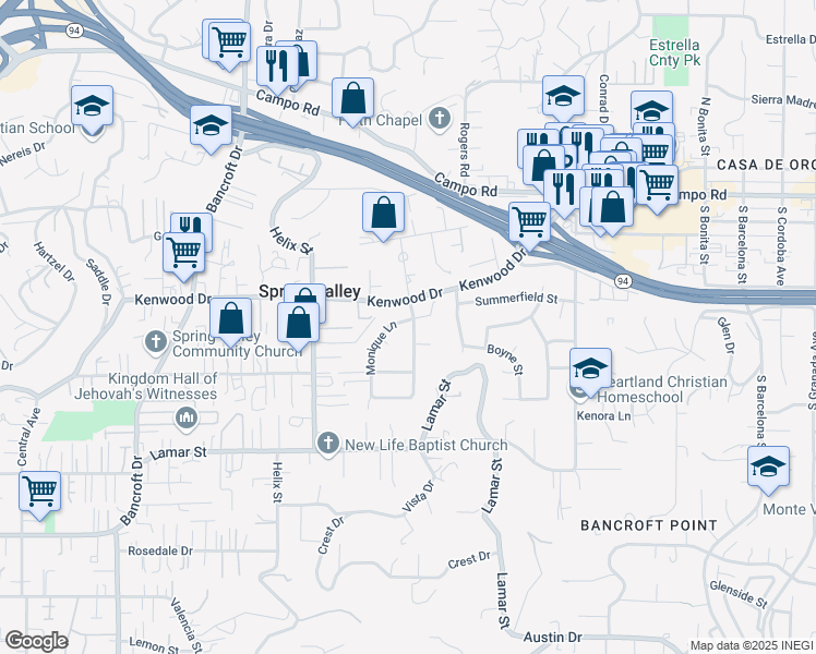 map of restaurants, bars, coffee shops, grocery stores, and more near 3449 Monique Lane in Spring Valley