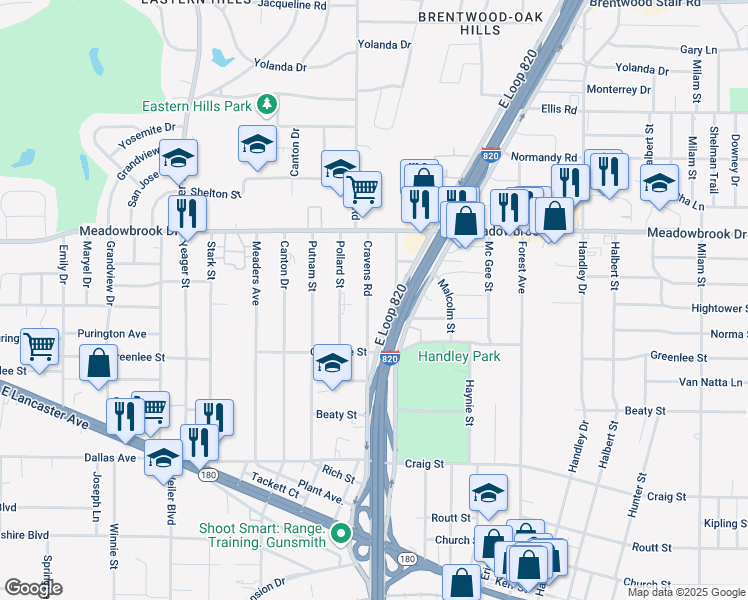 map of restaurants, bars, coffee shops, grocery stores, and more near 2509 Cravens Road in Fort Worth
