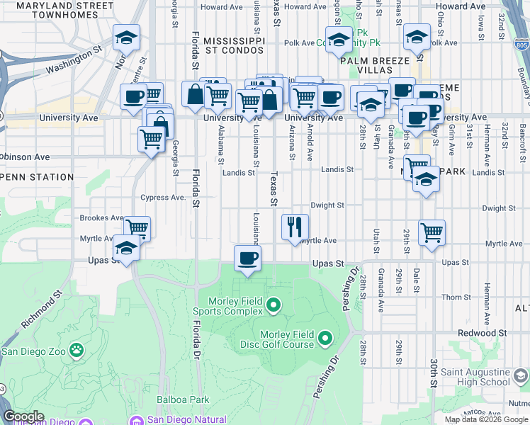 map of restaurants, bars, coffee shops, grocery stores, and more near 2323 Dwight Street in San Diego