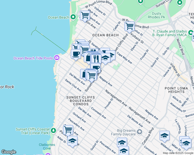 map of restaurants, bars, coffee shops, grocery stores, and more near 1822 Sunset Cliffs Boulevard in San Diego