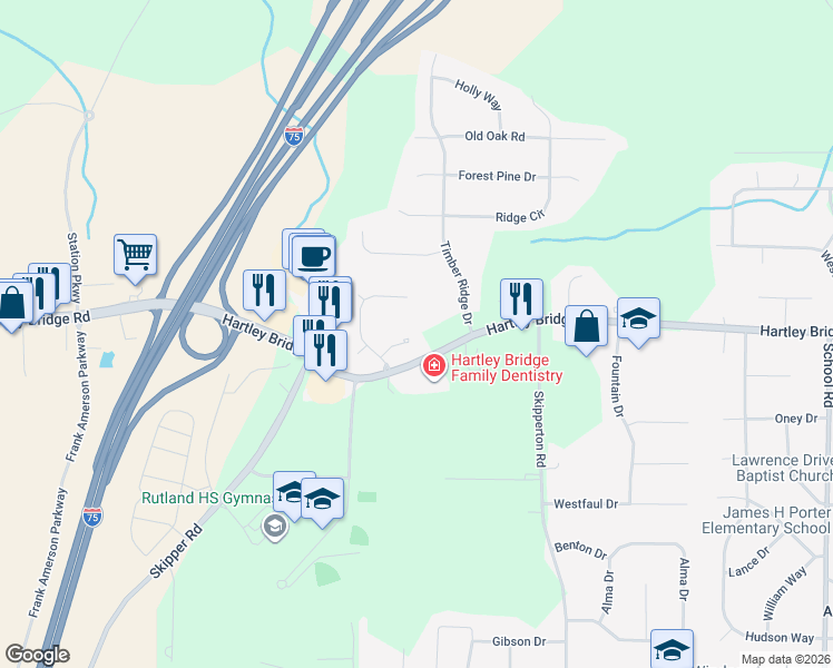 map of restaurants, bars, coffee shops, grocery stores, and more near 4191 Hartley Bridge Road in Macon