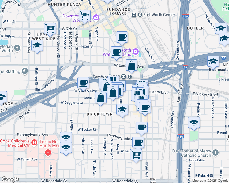 map of restaurants, bars, coffee shops, grocery stores, and more near 101 South Jennings Avenue in Fort Worth