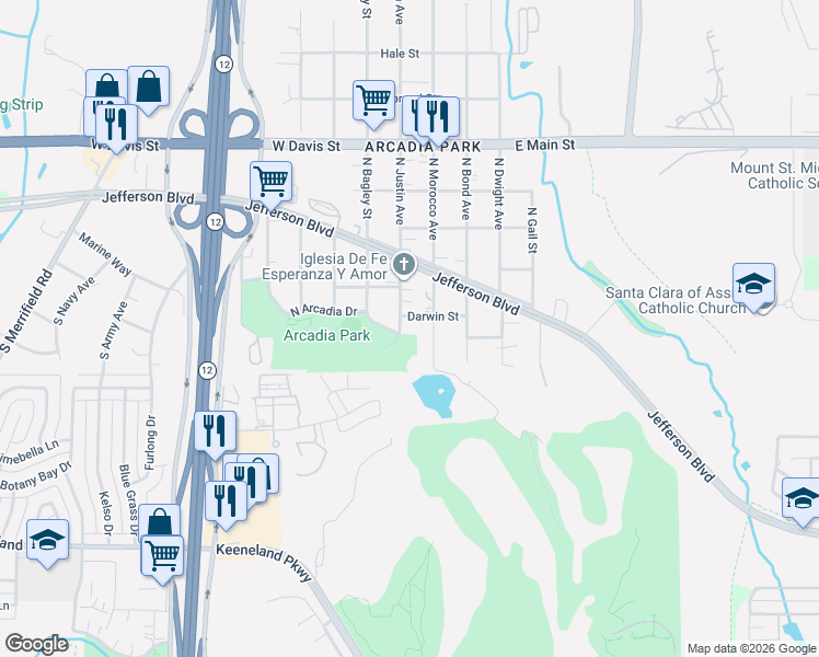 map of restaurants, bars, coffee shops, grocery stores, and more near 310 South Justin Avenue in Dallas