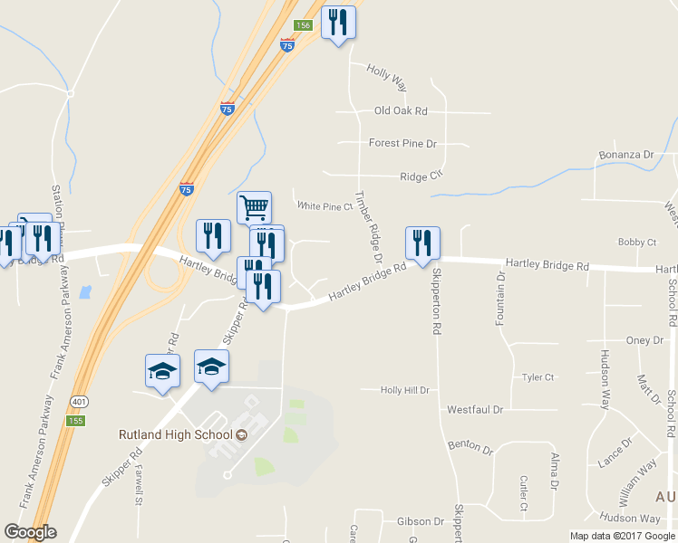 map of restaurants, bars, coffee shops, grocery stores, and more near 221 Pendleton Court in Macon