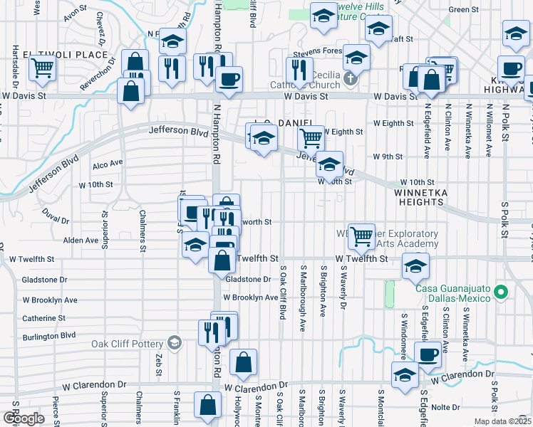 map of restaurants, bars, coffee shops, grocery stores, and more near 218 South Montreal Avenue in Dallas