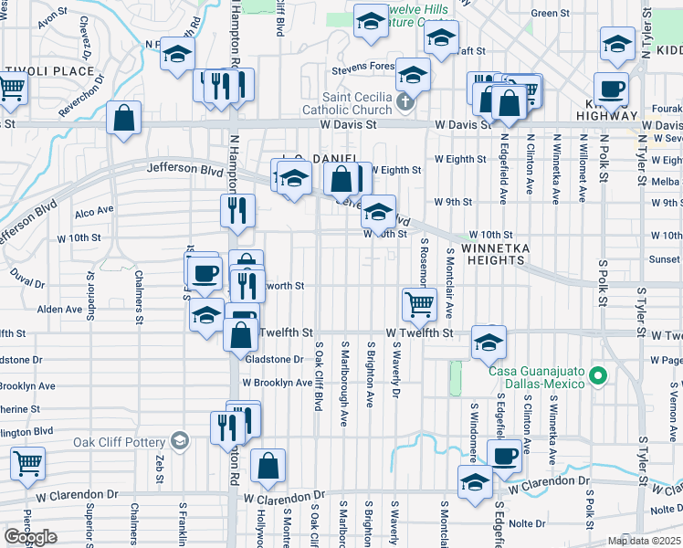 map of restaurants, bars, coffee shops, grocery stores, and more near 219 South Marlborough Avenue in Dallas