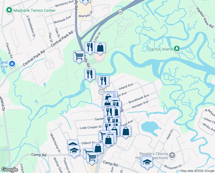 map of restaurants, bars, coffee shops, grocery stores, and more near 1671 Hunley Avenue in Charleston