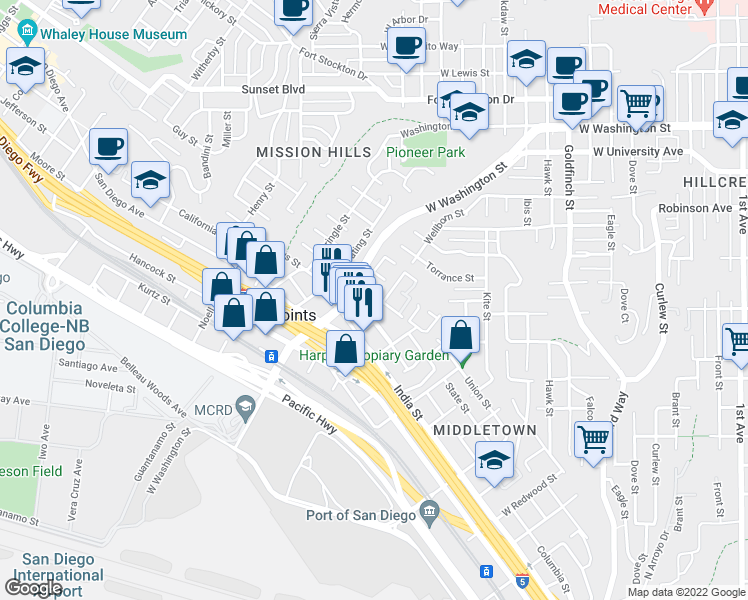 map of restaurants, bars, coffee shops, grocery stores, and more near 1661 Linwood Street in San Diego