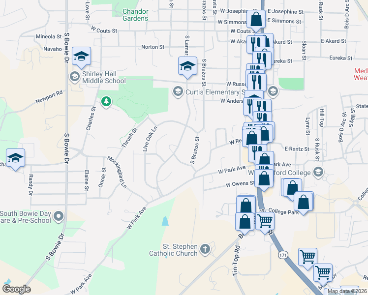 map of restaurants, bars, coffee shops, grocery stores, and more near 1229 South Lamar Street in Weatherford