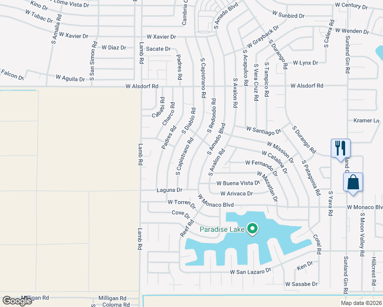 map of restaurants, bars, coffee shops, grocery stores, and more near 15020 South Redondo Road in Arizona City