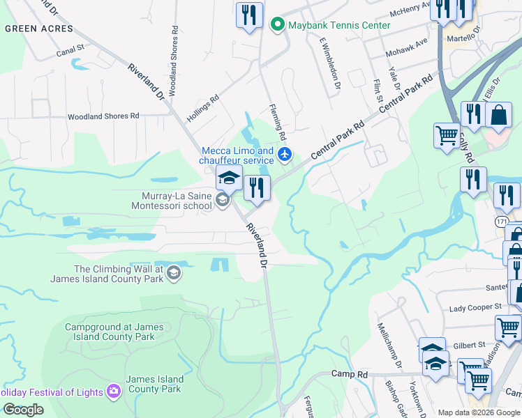map of restaurants, bars, coffee shops, grocery stores, and more near 1971 Central Park Road in Charleston