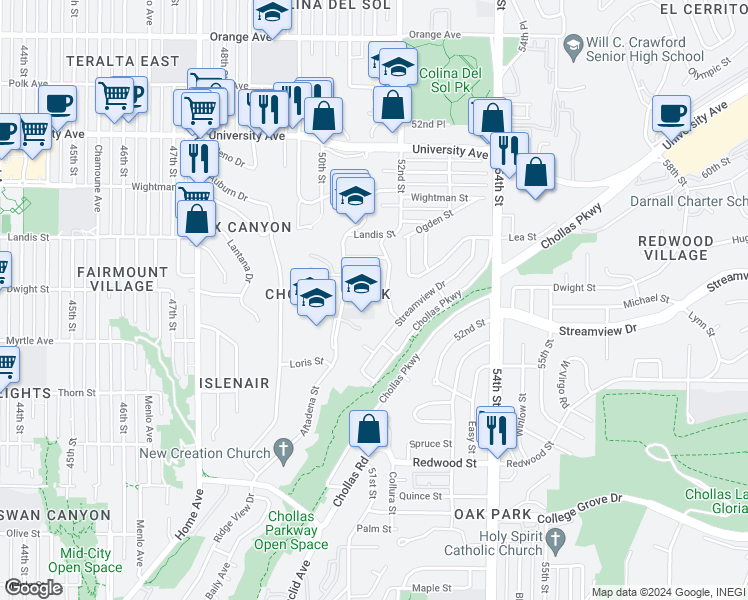 map of restaurants, bars, coffee shops, grocery stores, and more near 3566 51st Street in San Diego