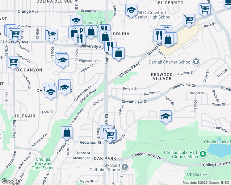 map of restaurants, bars, coffee shops, grocery stores, and more near 3416 Winlow Street in San Diego