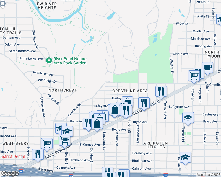map of restaurants, bars, coffee shops, grocery stores, and more near 4720 Washburn Avenue in Fort Worth