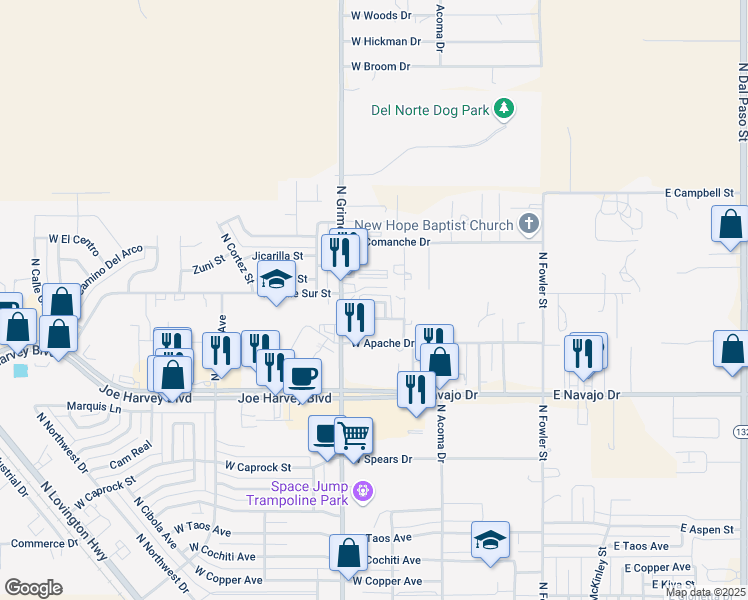 map of restaurants, bars, coffee shops, grocery stores, and more near 24 Stonecrest Court in Hobbs