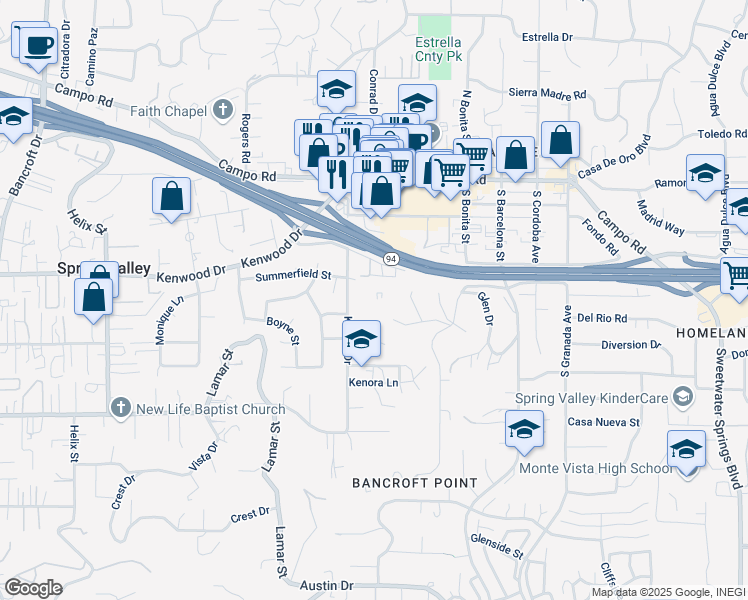 map of restaurants, bars, coffee shops, grocery stores, and more near 3541 Kenora Drive in Spring Valley