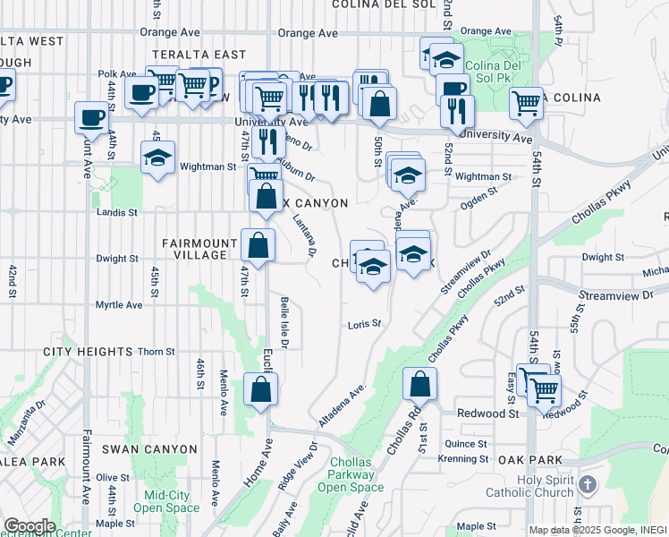 map of restaurants, bars, coffee shops, grocery stores, and more near 5044 Auburn Drive in San Diego