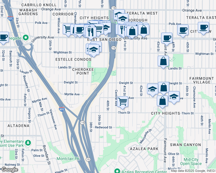 map of restaurants, bars, coffee shops, grocery stores, and more near 3568 40th Street in San Diego