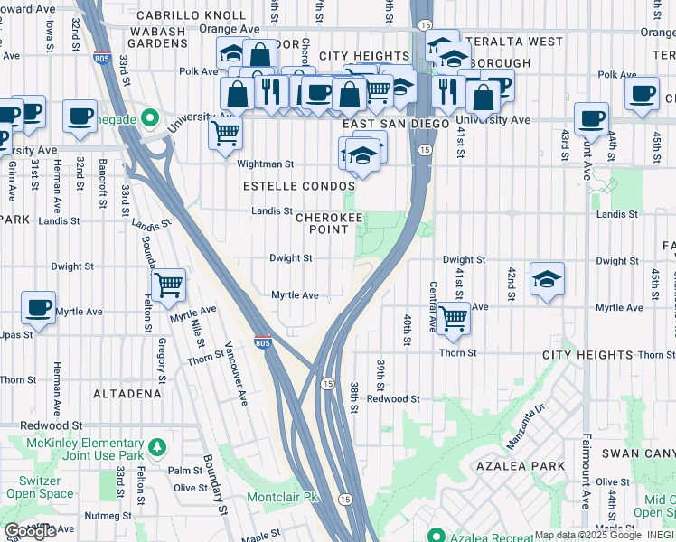 map of restaurants, bars, coffee shops, grocery stores, and more near 3542 38th Street in San Diego