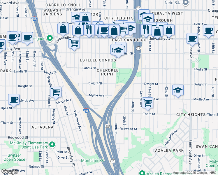map of restaurants, bars, coffee shops, grocery stores, and more near 3542 38th Street in San Diego