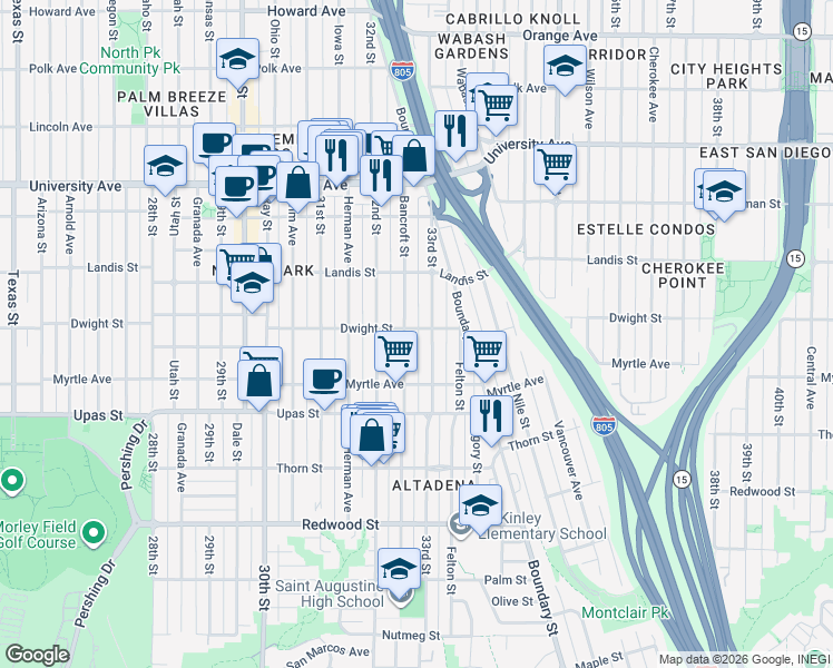 map of restaurants, bars, coffee shops, grocery stores, and more near 3578 33rd Street in San Diego