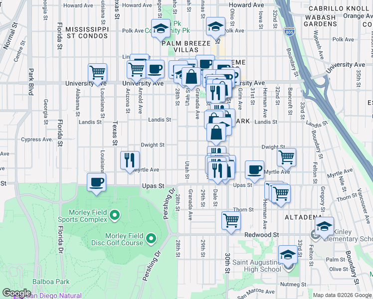 map of restaurants, bars, coffee shops, grocery stores, and more near 3563 28th Street in San Diego