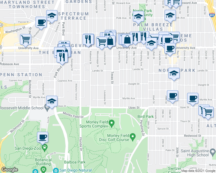 map of restaurants, bars, coffee shops, grocery stores, and more near 2323 Dwight Street in San Diego