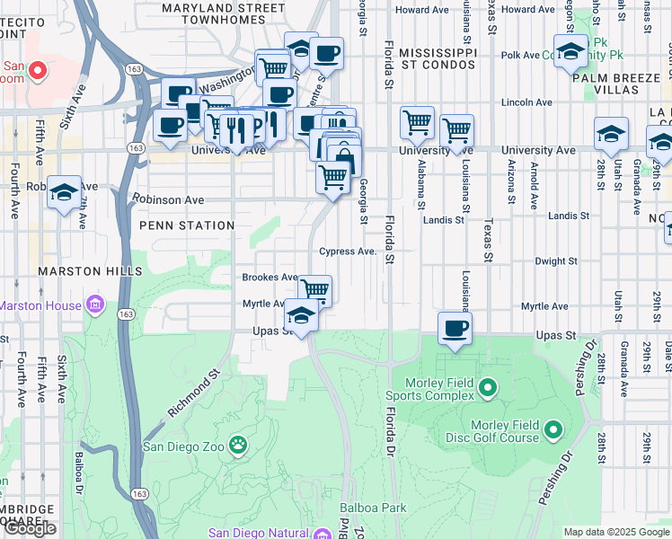 map of restaurants, bars, coffee shops, grocery stores, and more near 3611 Park Boulevard in San Diego