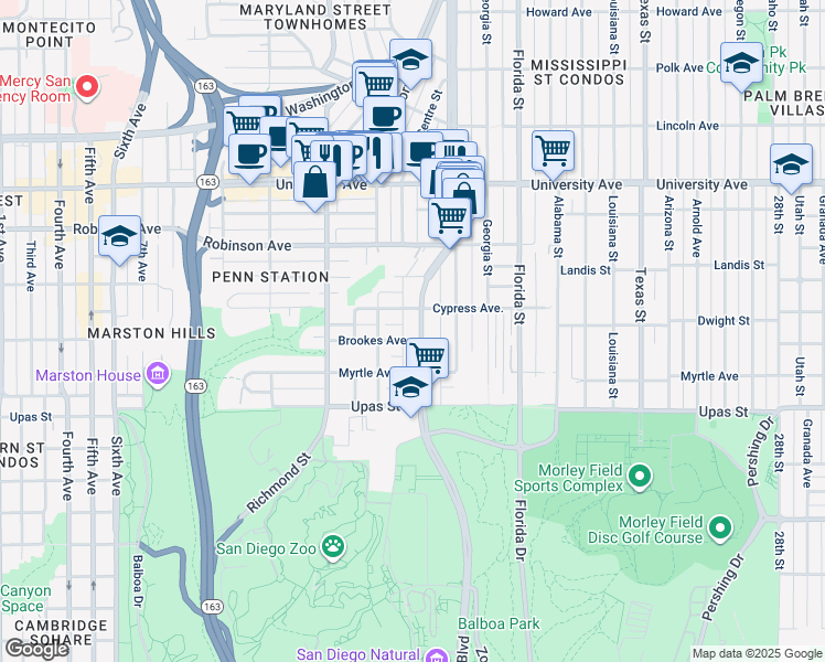 map of restaurants, bars, coffee shops, grocery stores, and more near 1624 Brookes Avenue in San Diego