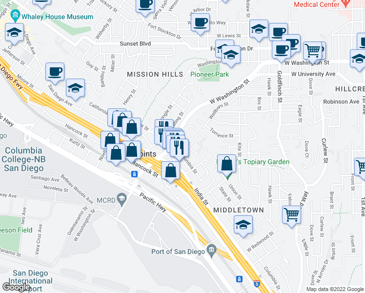 map of restaurants, bars, coffee shops, grocery stores, and more near 3719 Columbia Street in San Diego