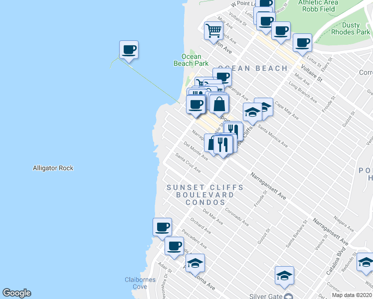 map of restaurants, bars, coffee shops, grocery stores, and more near 4921 Del Monte Avenue in San Diego