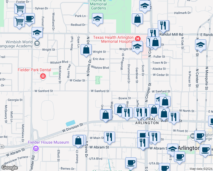 map of restaurants, bars, coffee shops, grocery stores, and more near 708 Magnolia Street in Arlington