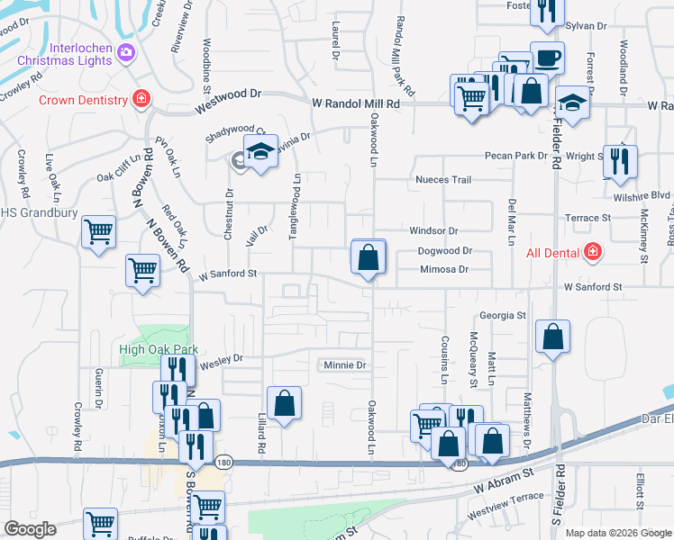 map of restaurants, bars, coffee shops, grocery stores, and more near 2008 Hunter Glade Lane in Arlington