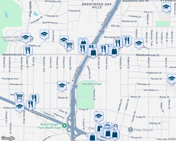 map of restaurants, bars, coffee shops, grocery stores, and more near 2512 Malcolm Street in Fort Worth