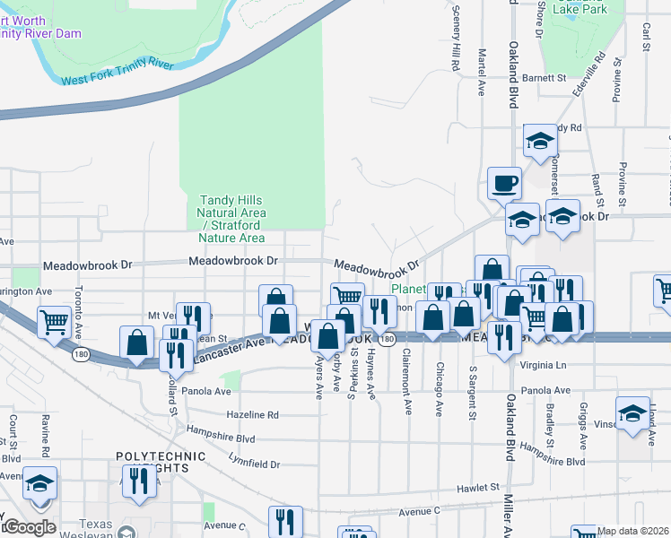 map of restaurants, bars, coffee shops, grocery stores, and more near 2509 North Ayers Avenue in Fort Worth