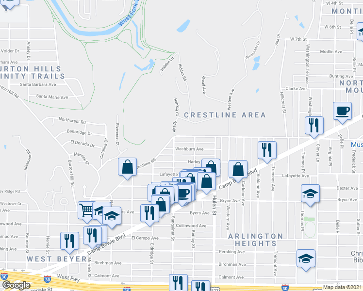 map of restaurants, bars, coffee shops, grocery stores, and more near 4720 Washburn Avenue in Fort Worth