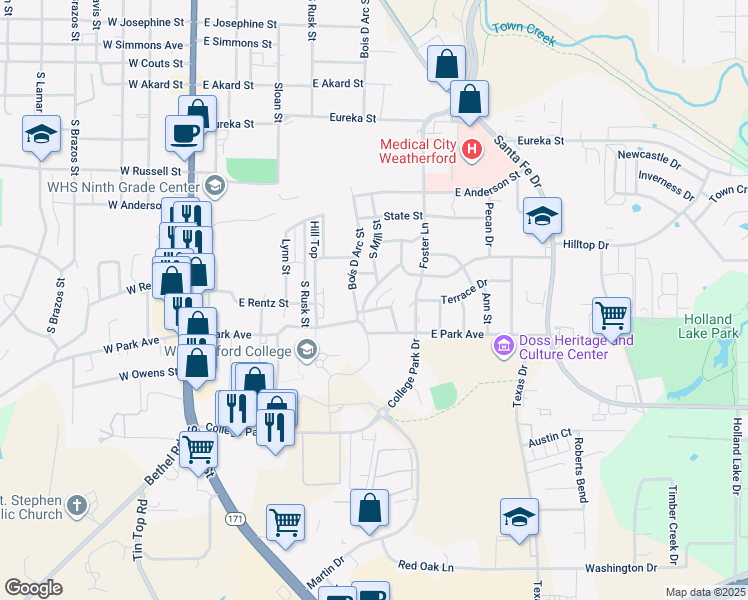 map of restaurants, bars, coffee shops, grocery stores, and more near 504 Hilltop Drive in Weatherford