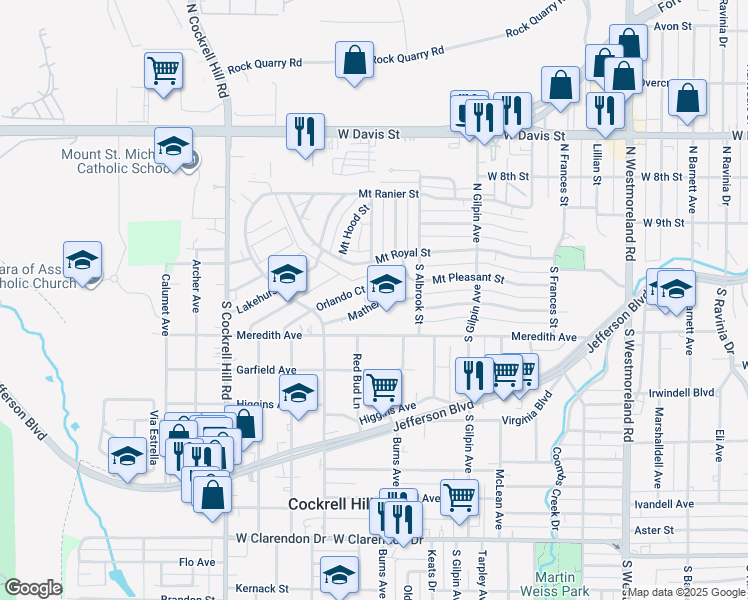map of restaurants, bars, coffee shops, grocery stores, and more near 3947 Mather Court in Dallas
