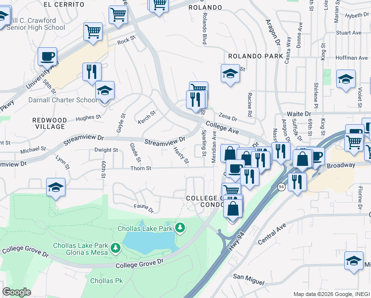 map of restaurants, bars, coffee shops, grocery stores, and more near 3451 Hasty Street in San Diego