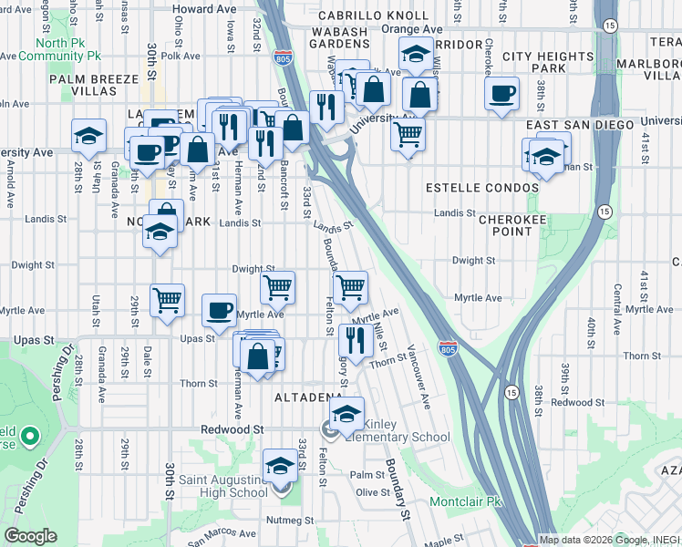 map of restaurants, bars, coffee shops, grocery stores, and more near 3585 Felton Street in San Diego