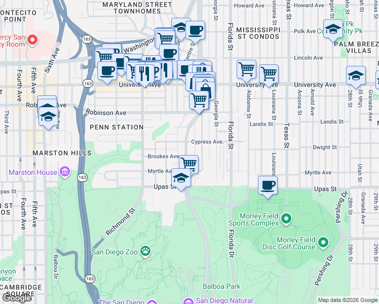map of restaurants, bars, coffee shops, grocery stores, and more near 3611 Park Boulevard in San Diego