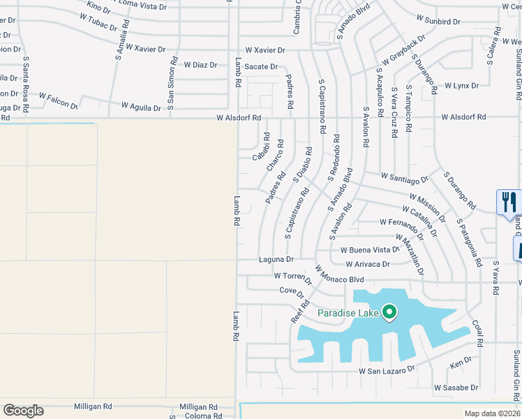 map of restaurants, bars, coffee shops, grocery stores, and more near 15020 Padres Road in Arizona City