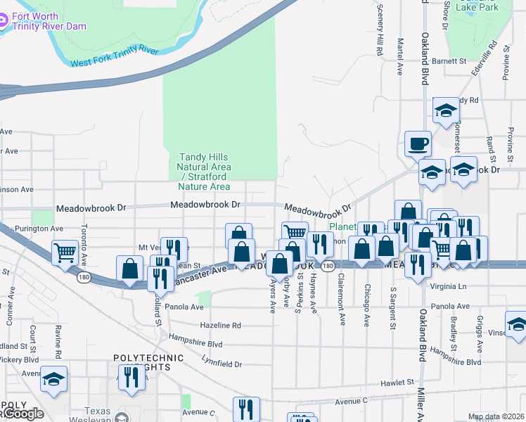 map of restaurants, bars, coffee shops, grocery stores, and more near 3608 Meadowbrook Drive in Fort Worth