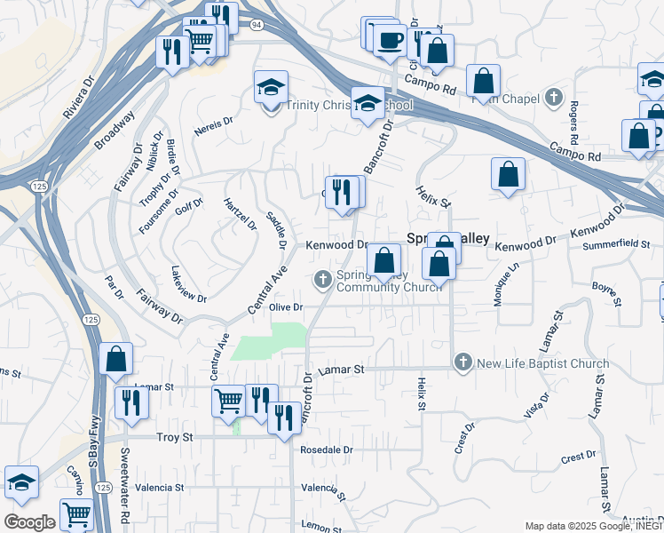 map of restaurants, bars, coffee shops, grocery stores, and more near 8970 Switzer Drive in Spring Valley