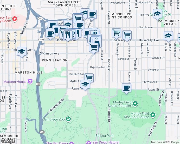 map of restaurants, bars, coffee shops, grocery stores, and more near 3611 Park Boulevard in San Diego