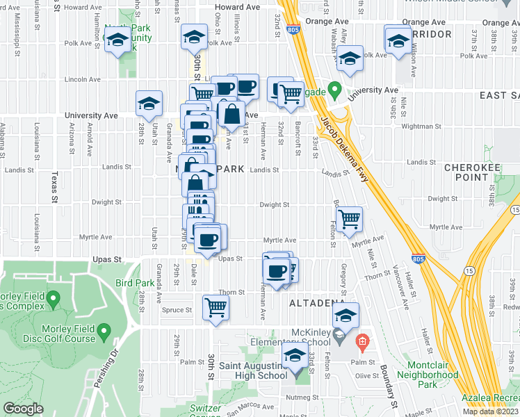 map of restaurants, bars, coffee shops, grocery stores, and more near 3594 Herman Avenue in San Diego