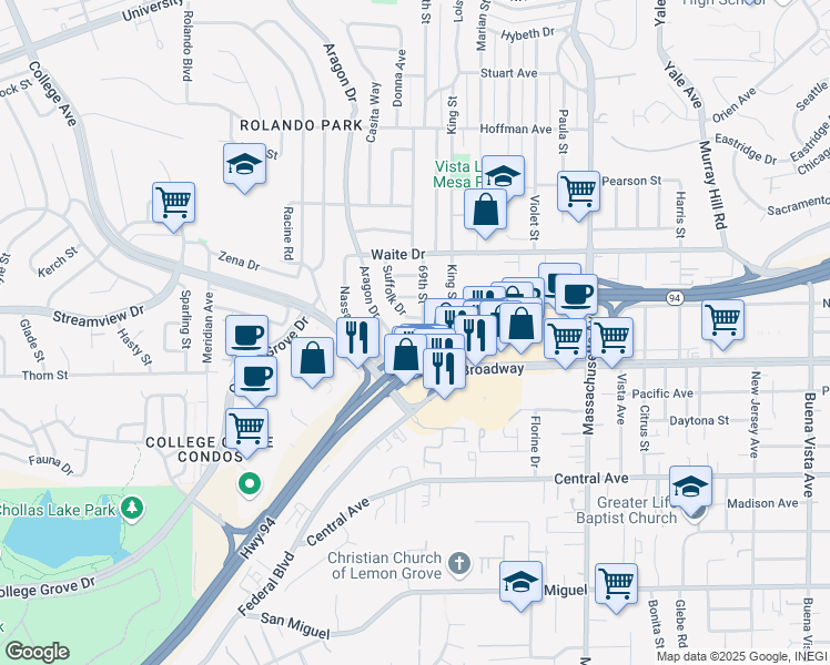 map of restaurants, bars, coffee shops, grocery stores, and more near 6880 Livingston Street in San Diego