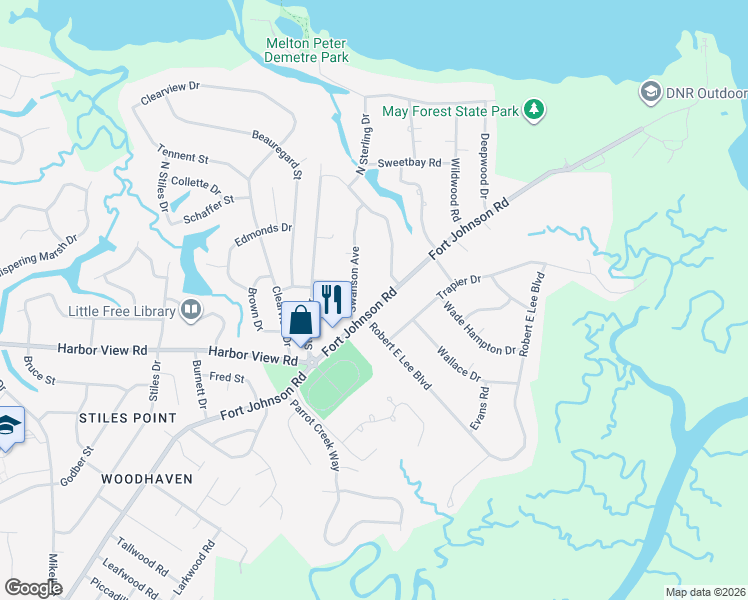 map of restaurants, bars, coffee shops, grocery stores, and more near 552 Fort Johnson Road in Charleston